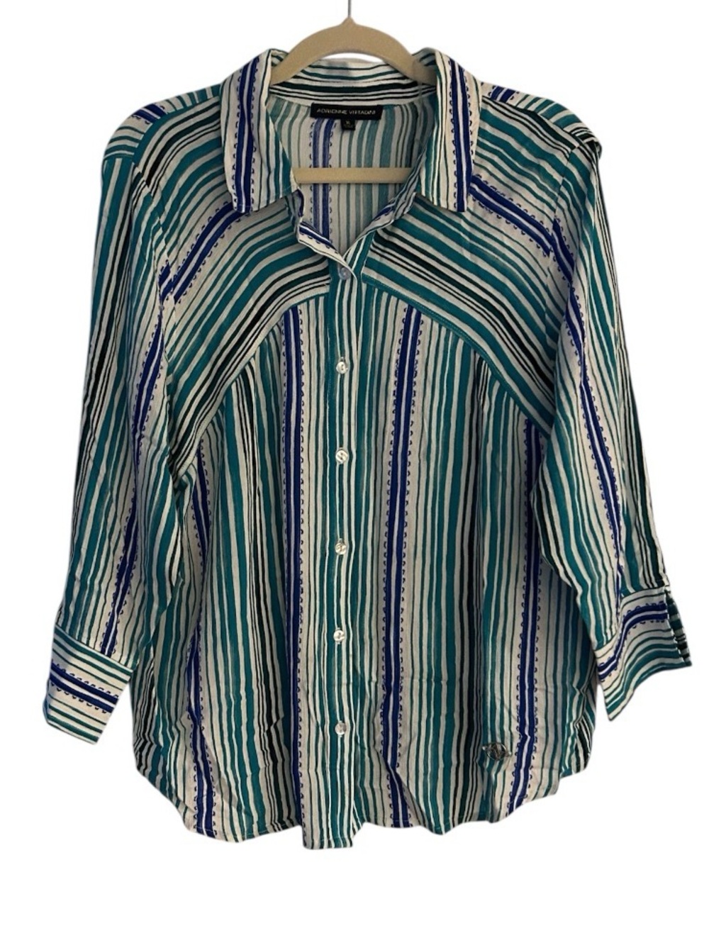 Adrienne Vittadini Button Front Top Size XL Blue Green Stripe Rayon
